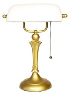 82902-White Blown Glass Banker Lamp with Bright Gold Finish Base